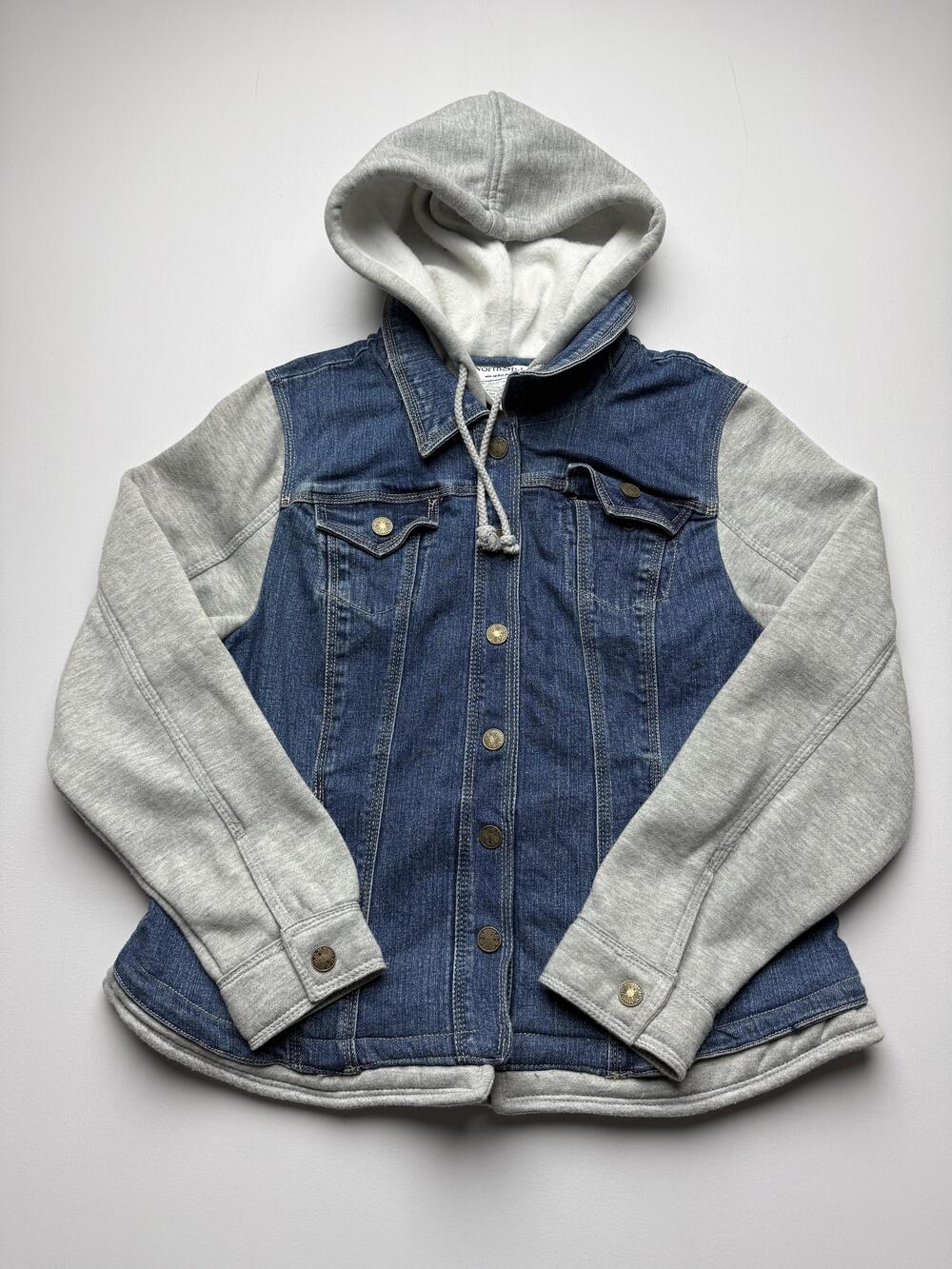 NorthStyle Jacket Womens Large Blue Denim Gray Hooded Button Fleece Lined